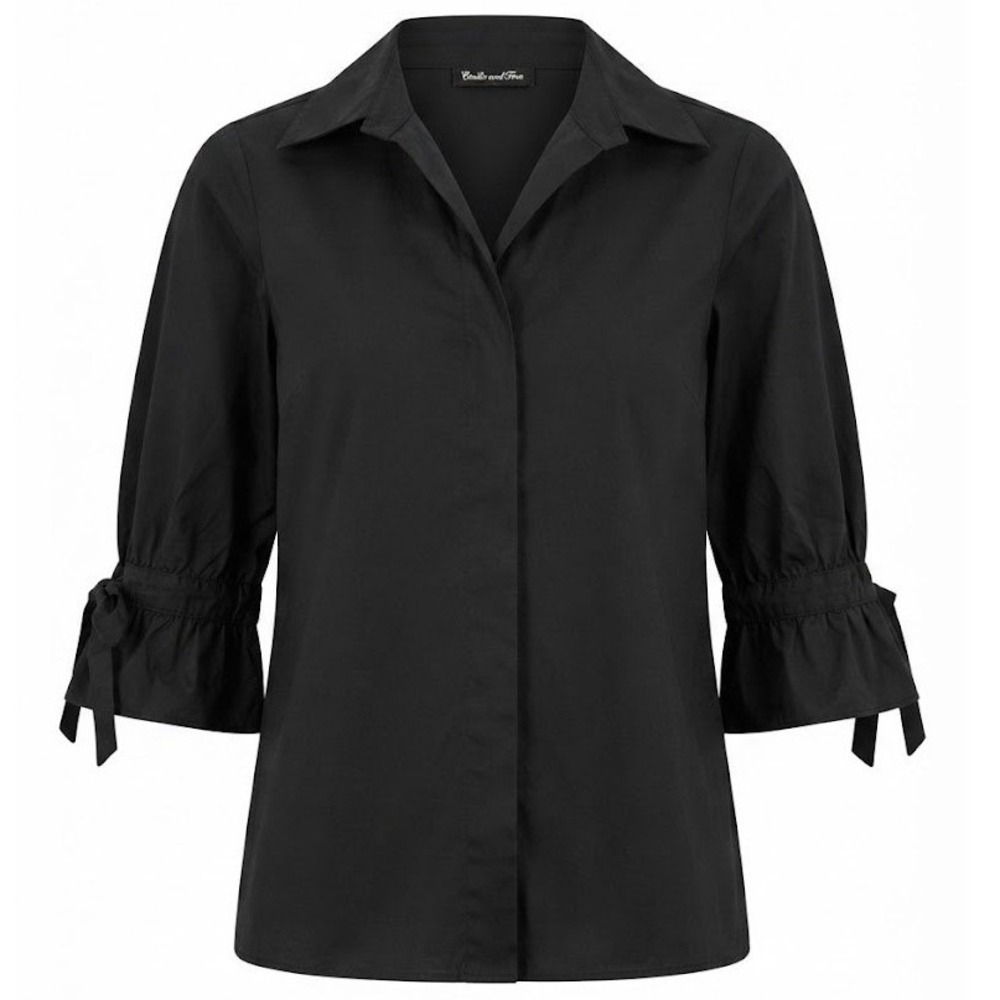 Estelle and Finn Black Cotton Lycra Ruffle Tie Sleeve Shirt Style 4804 Size M